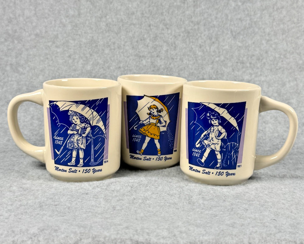 Bryan China Morton Salt 150th Anniversary Mug Set 3 Advertising Mugs Please Read